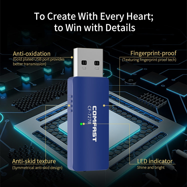 COMFAST CF-727B 1300Mbps Dual Frequency Gigabit USB Desktop Transmitter Receiver Portable Bluetooth V4.2 + WiFi Wireless Network Card COMFAST CF-727B 1300Mbps Dual Frequency Gigabit USB Desktop Transmitter Receiver Portable Bluetooth V4.2 + WiFi Wireless Network Card